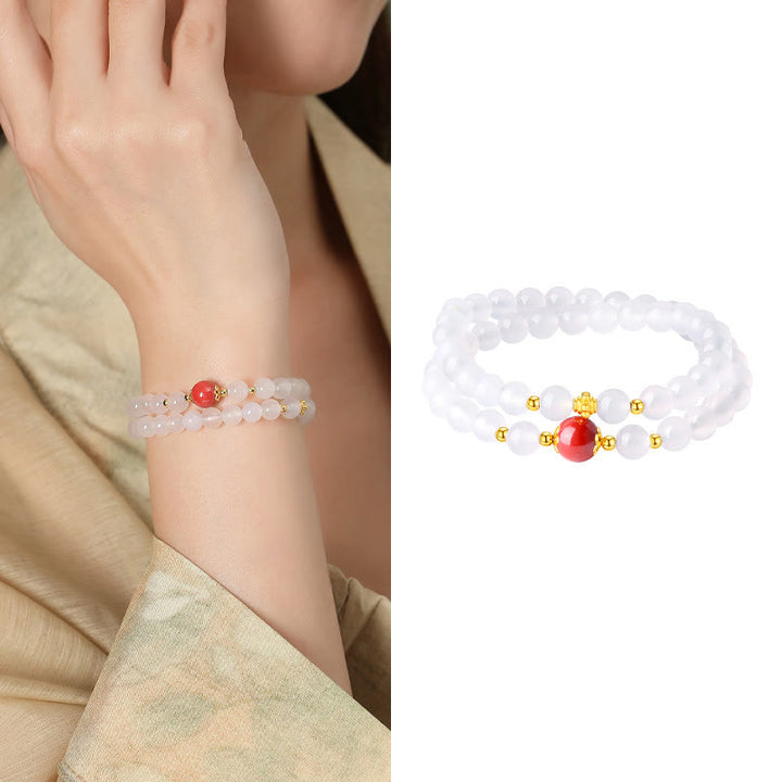 Braccialetto di protezione a doppio giro Buddha Stones in argento sterling 925 con agata bianca naturale e cinabro
