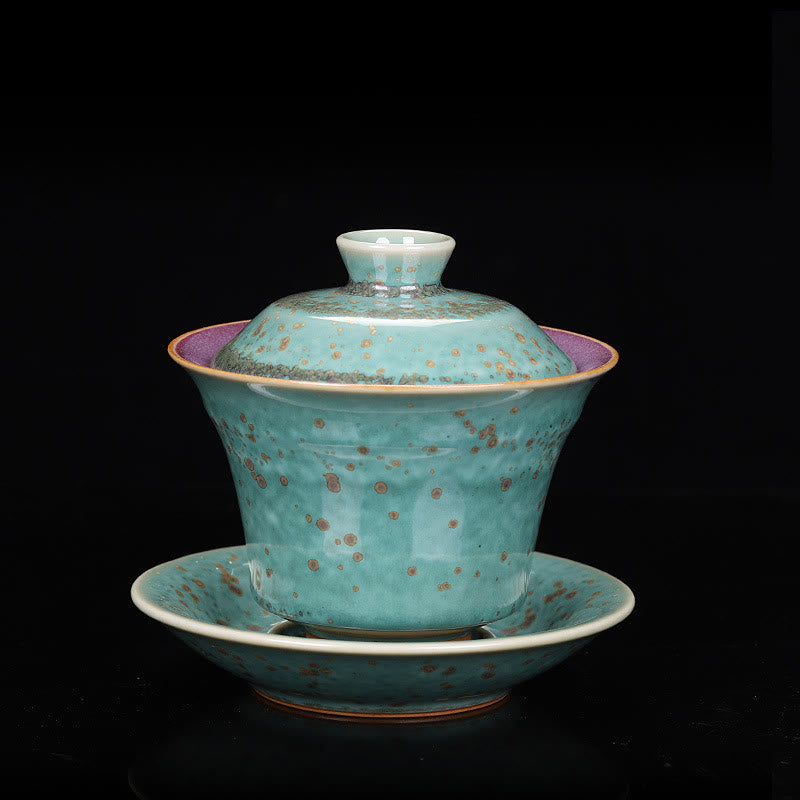 Buddha Stones Retro Glaze Kiln Change Ceramica Gaiwan Sancai Tazza da tè Kung Fu Tazza da tè e piattino con coperchio - Stile verde (colore e smalto possono variare) - 9,8 cm*9 cm*150 ml - image 18