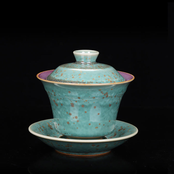 Buddha Stones Retro Glaze Kiln Change Ceramica Gaiwan Sancai Tazza da tè Kung Fu Tazza da tè e piattino con coperchio - Stile verde (colore e smalto possono variare) - 9,8 cm*9 cm*150 ml - image 18