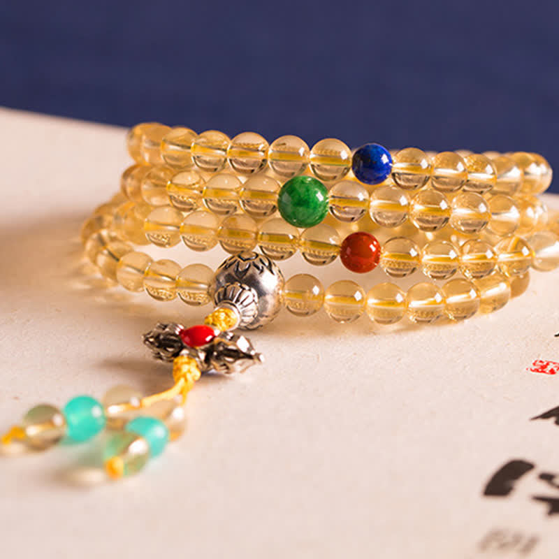 Braccialetto con ciondolo in argento sterling 925, 108 perline Mala, citrino naturale, agata rossa, ambra e piacere