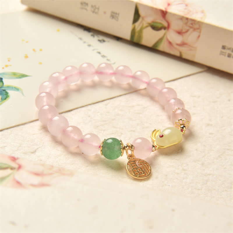 Braccialetto di felicità dell'amore del coniglietto di agata verde di cristallo rosa naturale dell'anno del coniglio