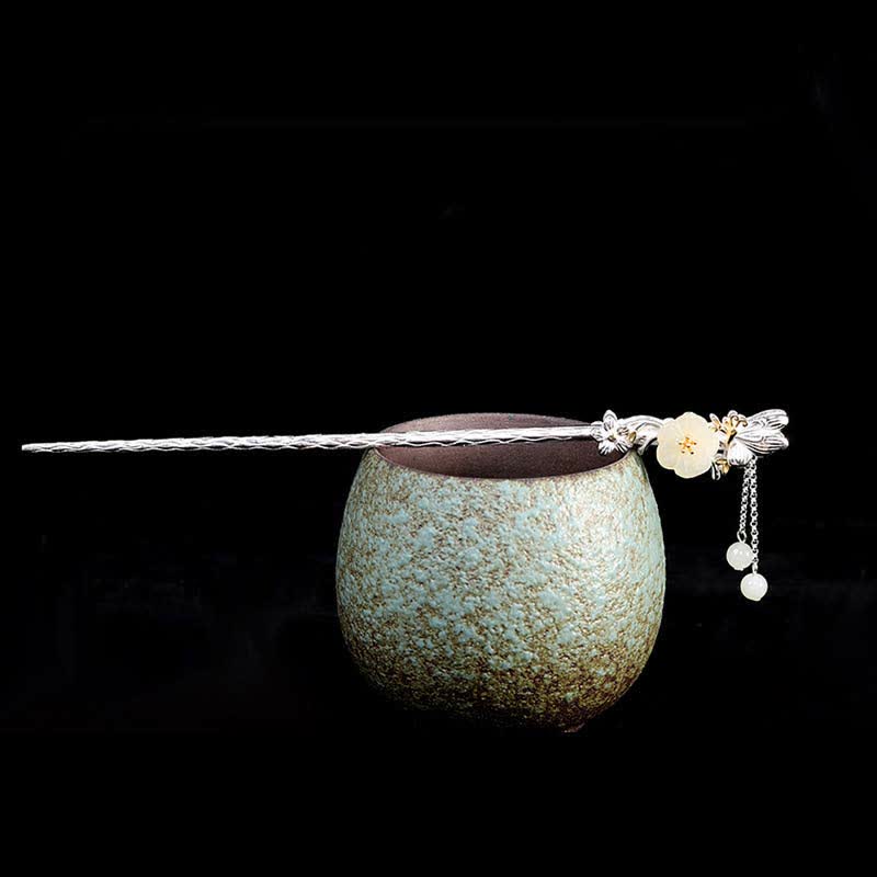 Forcina per capelli con fiore di giada bianca Hetian in argento sterling 925