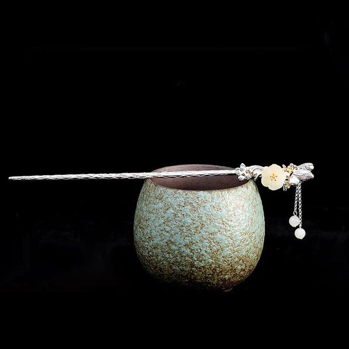 Forcina per capelli con fiore di giada bianca Hetian in argento sterling 925