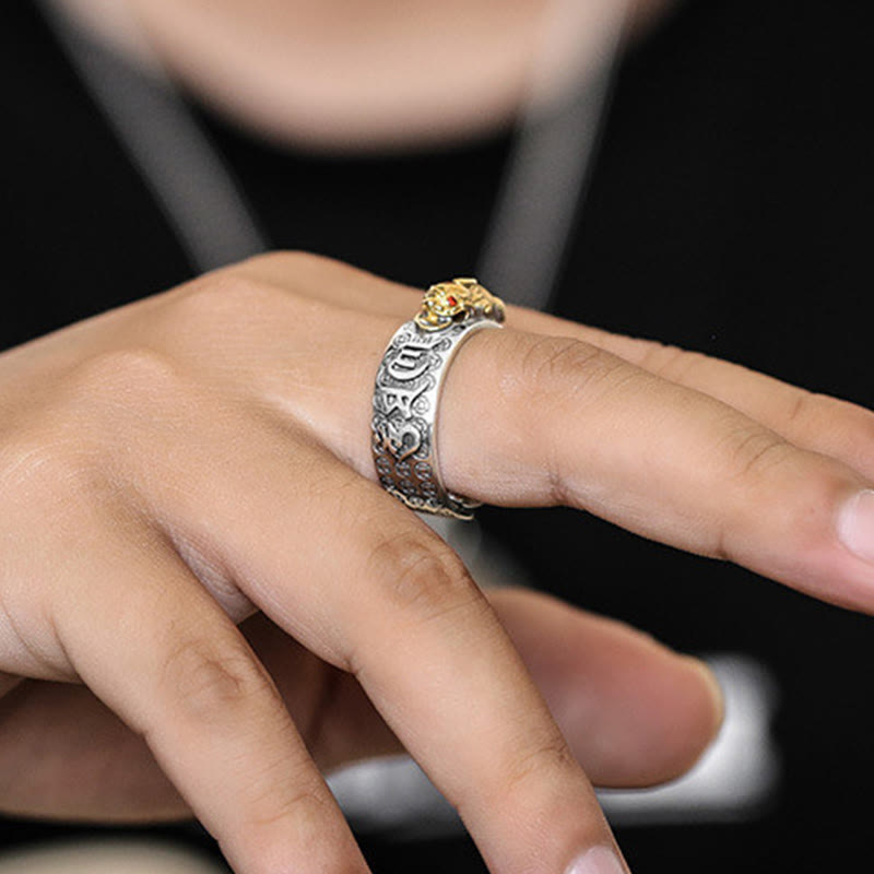 Anello di ricchezza inciso Buddha Stones in argento sterling 990 tibetano Om Mani Padme Hum PiXiu Dorje Vajra Heart Sutra - image 8