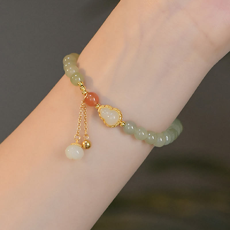 Braccialetto portafortuna in argento sterling 925 con giada Hetian e zucca di loto