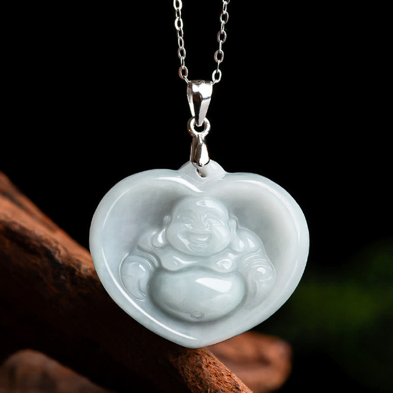 Collana con ciondolo Buddha Stones in argento sterling 925 con Buddha che ride, giada bianca, fortuna e benedizione - image 4