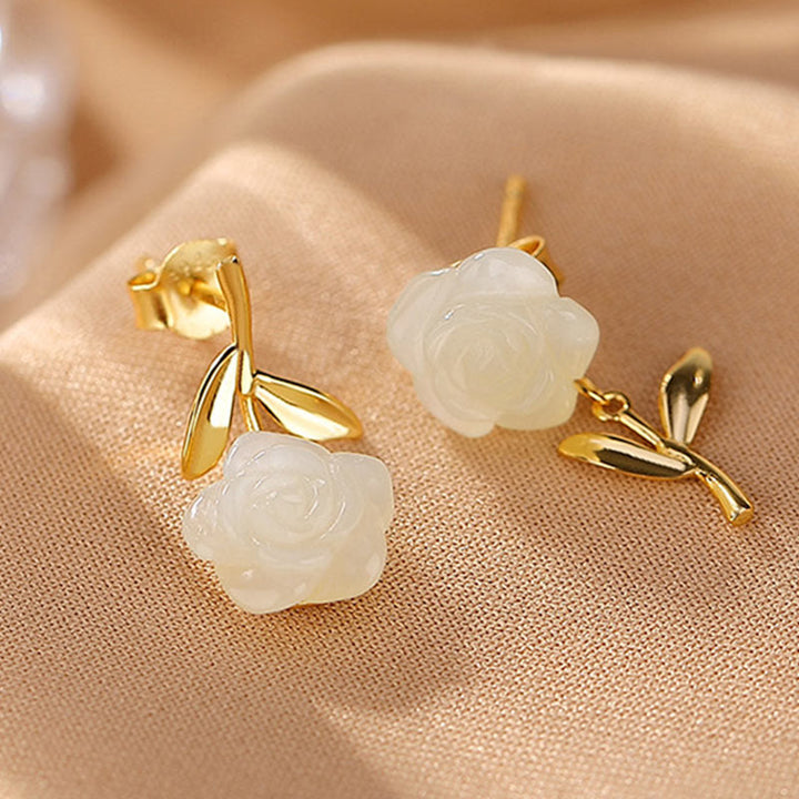 Orecchini Buddha Stones 925 Sterling Silver Placcato Oro Giada Rosa Fiore Ciano Giada Perla Fortuna