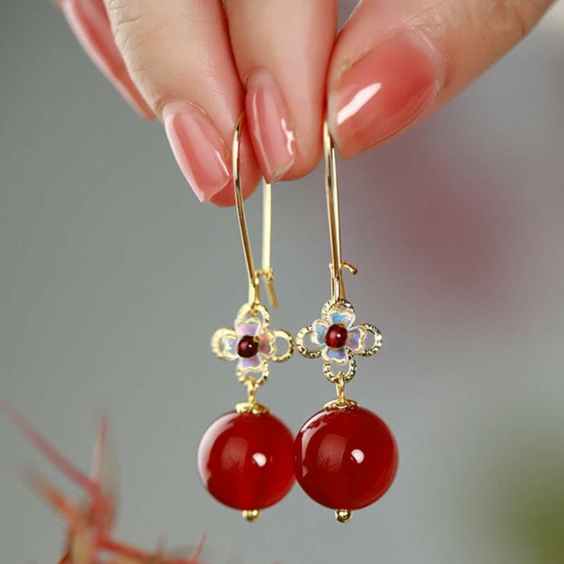 Orecchini Buddha Stones in argento sterling 925 con perline di fiori di agata rossa e fiducia