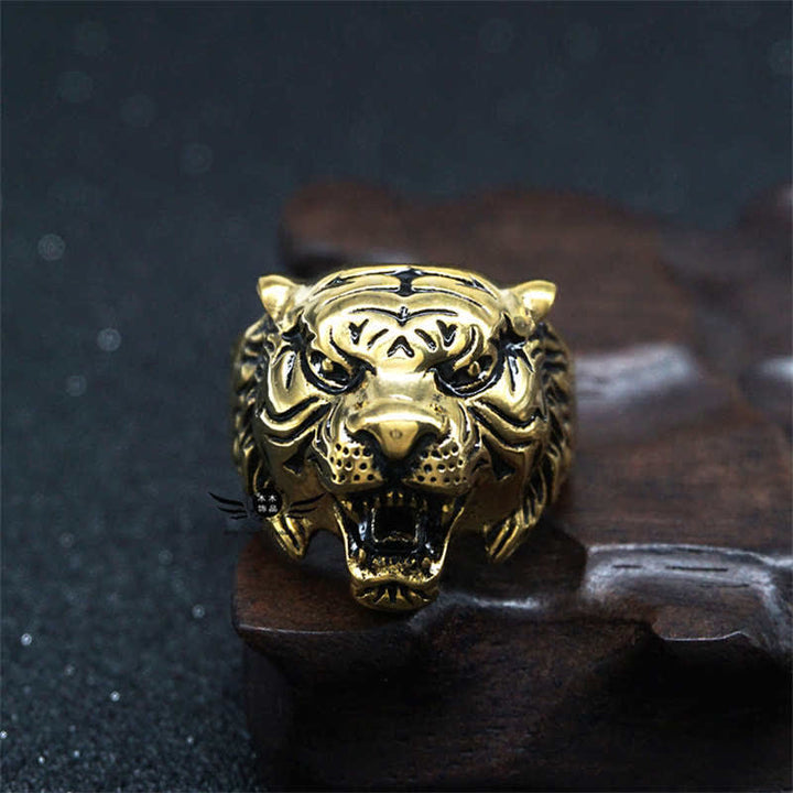 Anello da motociclista punk rock con testa di tigre in titanio e acciaio da uomo