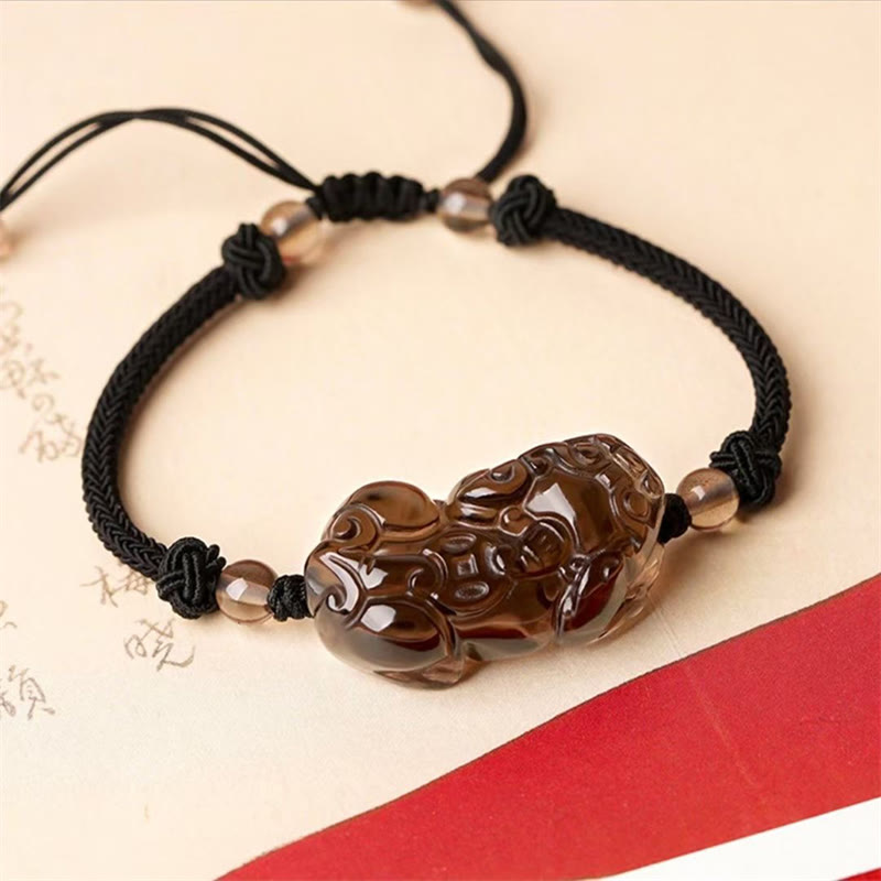 Braccialetto della ricchezza con moneta di PiXiu Cooper in ossidiana naturale, ametista, citrino e Buddha Stones