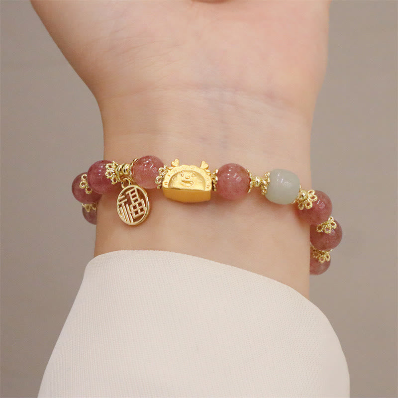 Buddha Stones Anno del Drago Agata Rossa Quarzo Fragola Ossidiana Nera Giada Granato Perla Cinabro Drago Gnocco Fortuna Fu Bracciale Personaggio - image 12