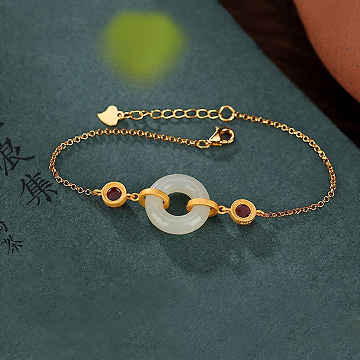 Braccialetto della fortuna in agata rossa con fibbia della pace in giada naturale Hetian, argento Buddha Stones 925 placcato oro