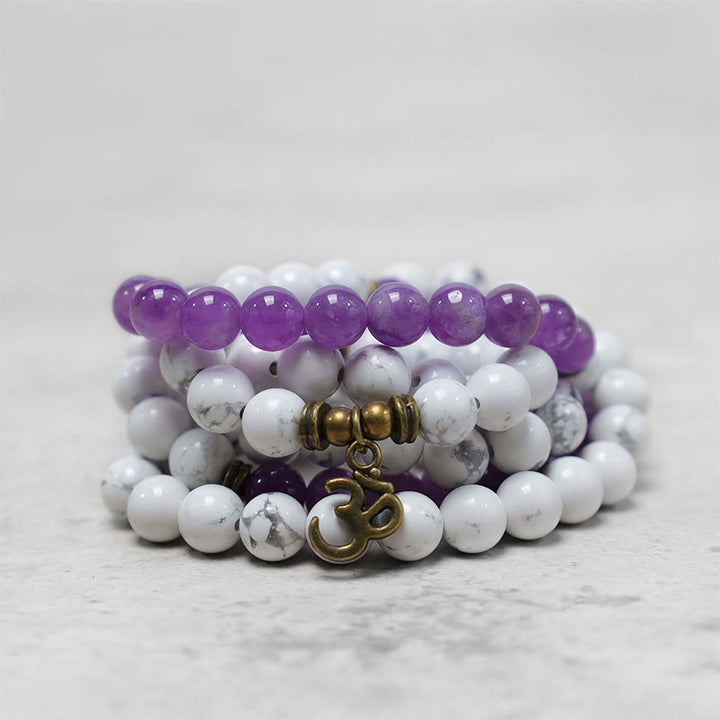 Buddha Stones 108 Mala Beads Ametista Bianco Turchese OM Braccialetto energetico per meditazione curativa