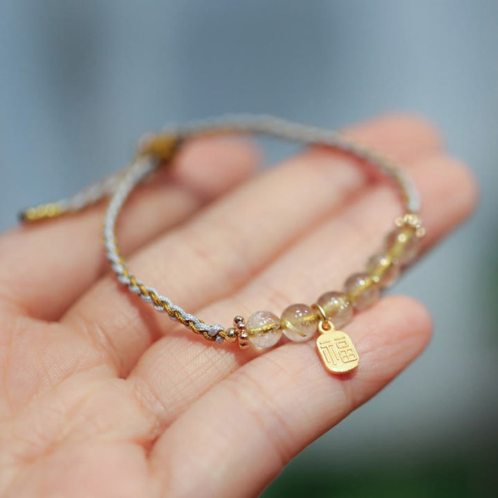 Braccialetto intrecciato con carattere Fu in argento sterling 925, giada naturale, quarzo rutilato e zucca, con fortuna