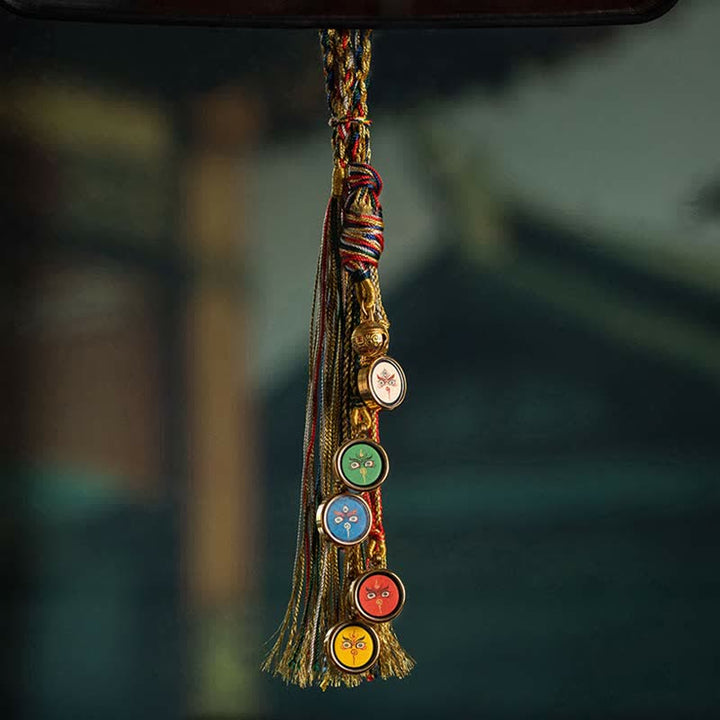 Decorazione da appendere alla parete dell'auto con protezione Thangka dei cinque dei della ricchezza, realizzata a mano in Tibet