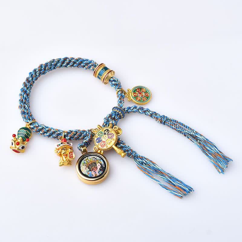 Braccialetto con corda intrecciata Thangka Tibetano Zakiram Dea della Ricchezza Ruota della Fortuna