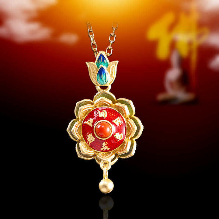 Collana con ciondolo dell'illuminazione in agata rossa con ruota di preghiera del loto tibetano in argento sterling 925 - image 1