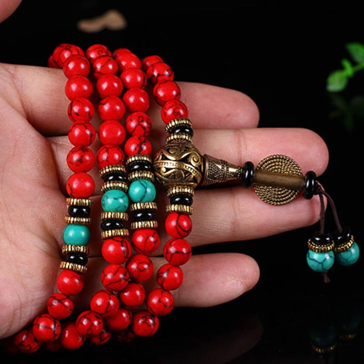 Buddha Stones Mala Tibetano Turchese Rosso Collana Fortunata Bracciale