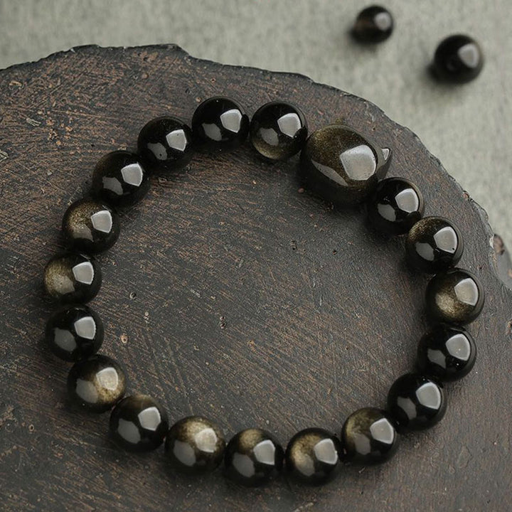 Braccialetto di protezione con gatto portafortuna e zampa adorabile , Buddha Stones, ossidiana lucida d'oro, ossidiana lucida d'argento - image 10