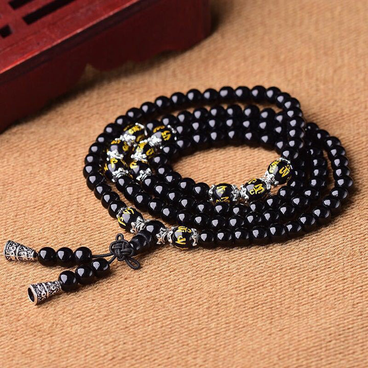 Bracciale Mala di protezione con sei vere parole in ossidiana nera Buddha Stones