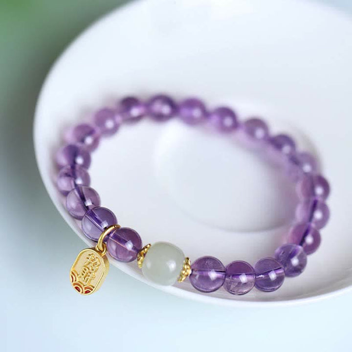 Braccialetto con ciondolo curativo in giada Hetian con cristallo di ametista naturale Buddha Stones