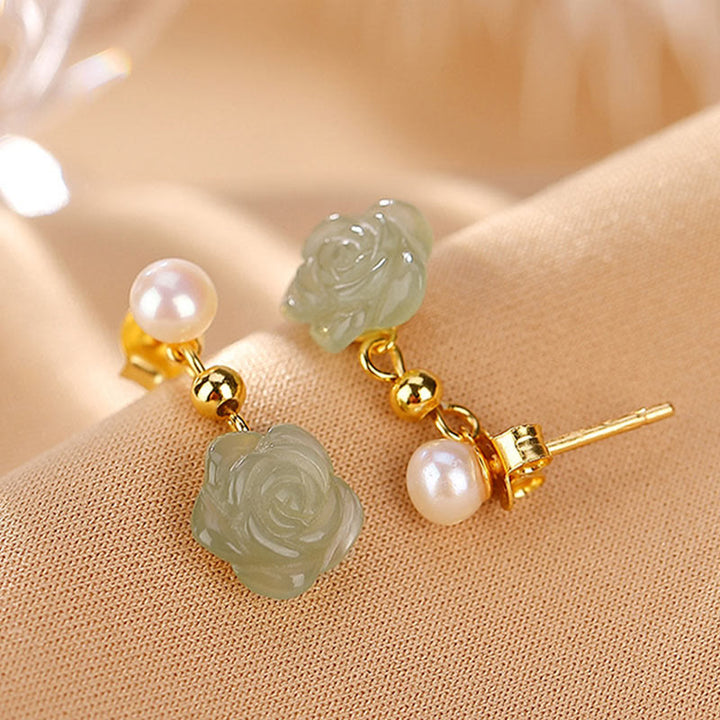 Orecchini Buddha Stones 925 Sterling Silver Placcato Oro Giada Rosa Fiore Ciano Giada Perla Fortuna