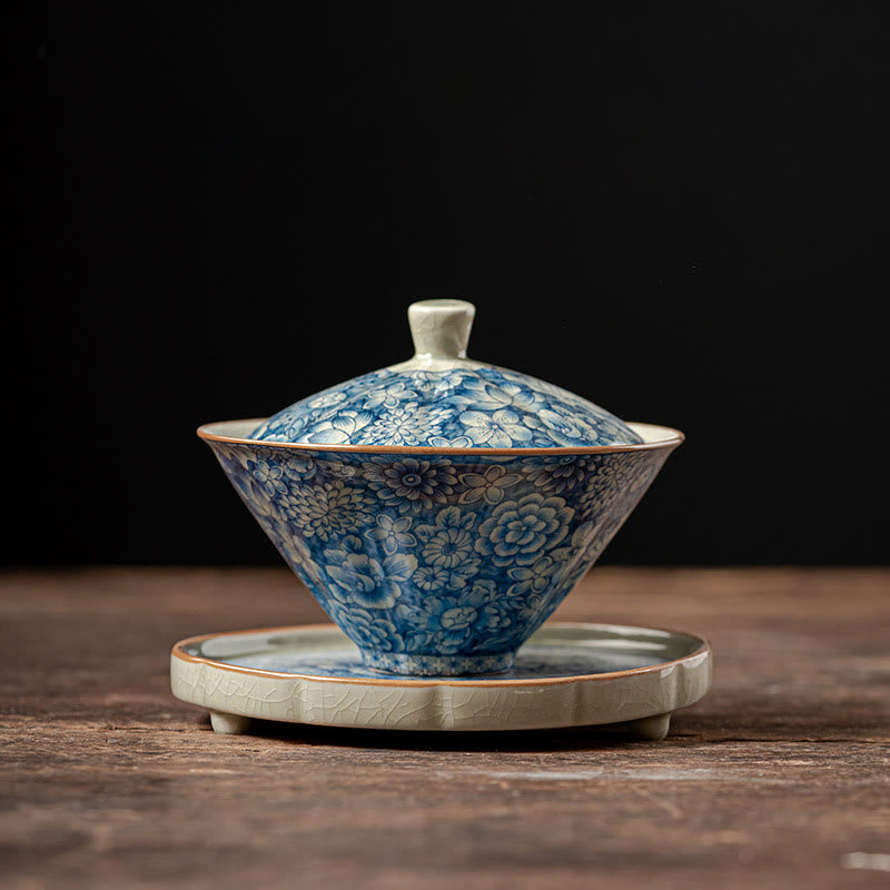 Buddha Stones Vintage Blu e Bianco Porcellana Fiore di Pesco Loto Peonia Ceramica Gaiwan Sancai Tazza da Tè Kung Fu Tazza da Tè e Piattino con Coperchio - 10,2 cm * 8,8 cm * 130 ml (Piattino 11,4 cm) - image 13