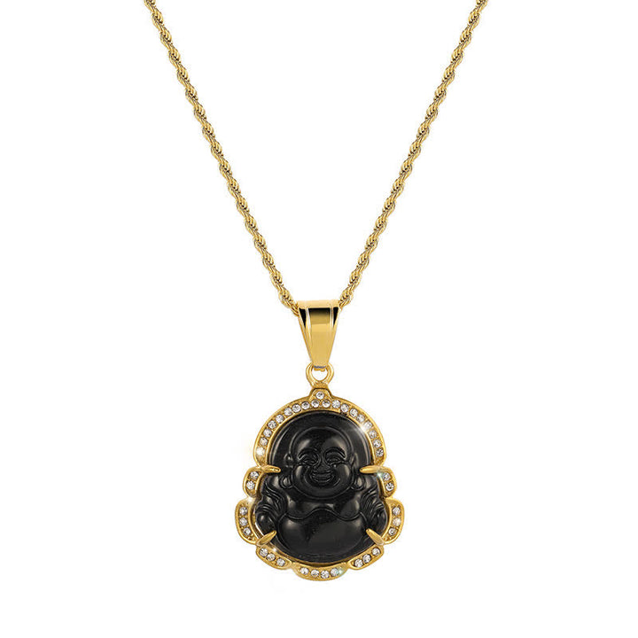 Collana con ciondolo a forma di Buddha in giada con Buddha che ride, riempita in oro 18 carati, Buddha Stones - Nero - image 10