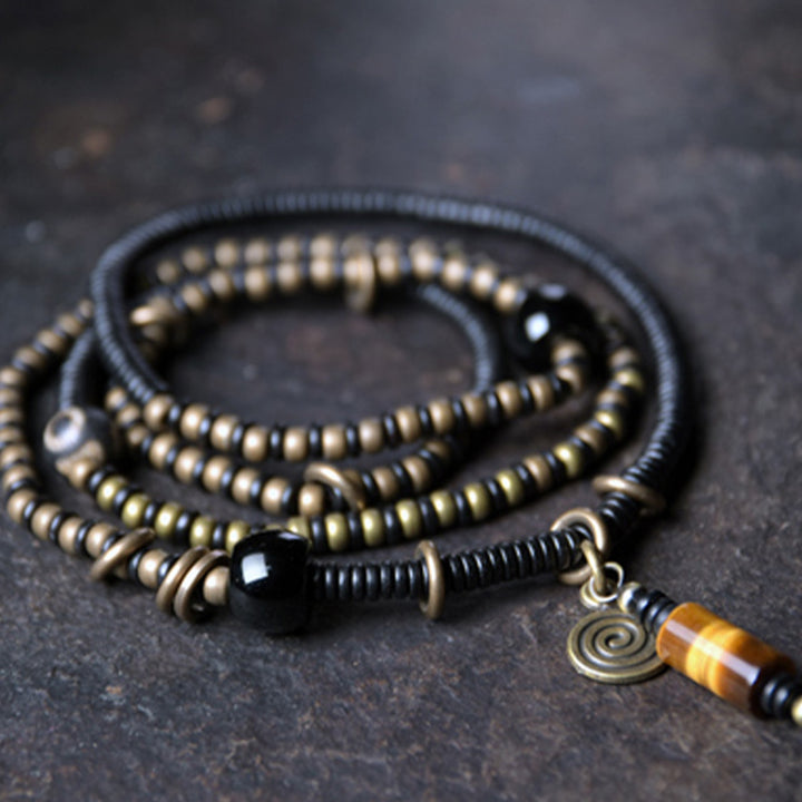 Buddha Stones Legno di ebano Perline Dzi Rame Pace Coppia Bracciale Collana Pendente