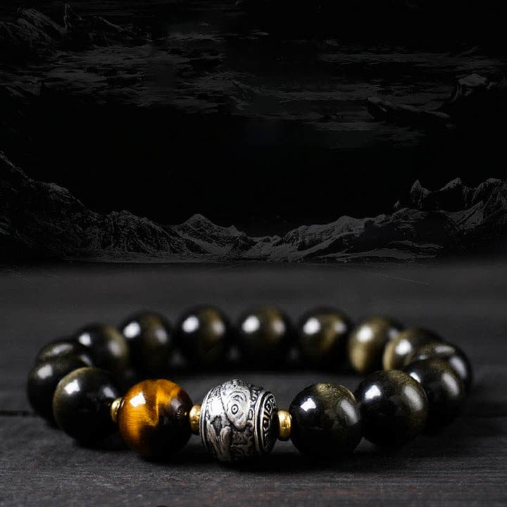 Buddha Stones per sperimentare un'inversione della fortuna Braccialetto di protezione in ossidiana arcobaleno e oro lucido