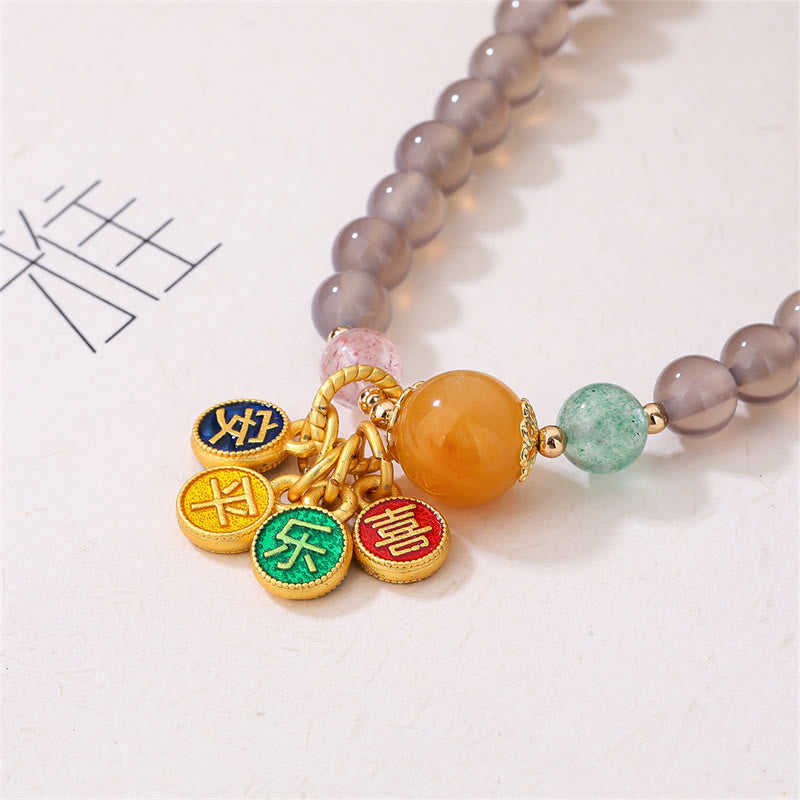 Braccialetto doppio giro Buddha Stones Natural Grey Agate Peace And Joy Charm Balance