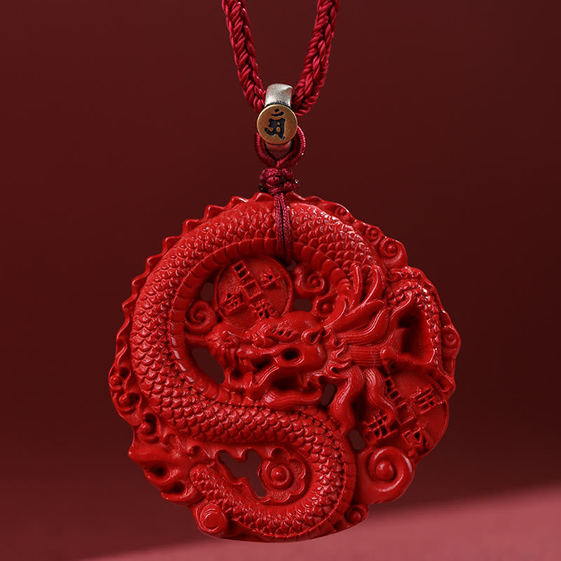 Collana con ciondolo portafortuna in argento sterling 925, con monete di rame e cinabro naturale, anno del drago , Buddha Stones