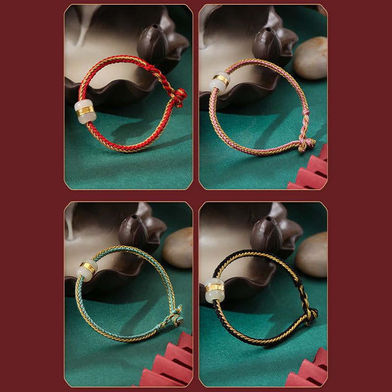 Bracciale intrecciato con carattere Om Mani Padme Hum Fu in giada bianca Hetian con Buddha Stones in oro 999