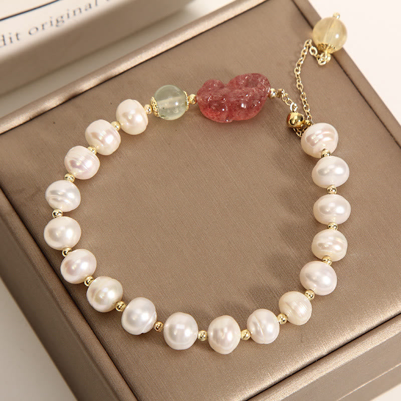 Braccialetto con ciondolo ottimismo PiXiu in quarzo fragola e perle naturali Buddha Stones