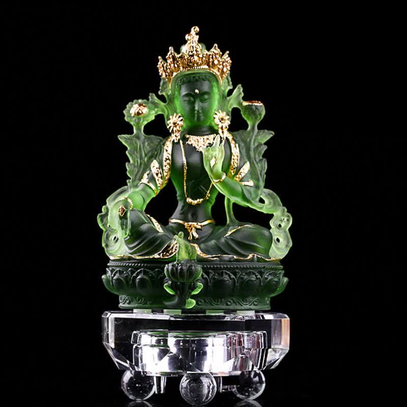 Buddha Stones Bodhisattva Tara Verde Fatto a Mano Liuli Cristallo Arte Pezzo Protezione Casa Ufficio Statua Decorazione - 8*6*12,8 cm - Tara verde oro e base - image 13