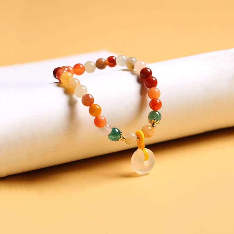 Bracciale Buddha Stones placcato oro 14K, giada di seta dorata colorata, fibbia della pace, ricchezza