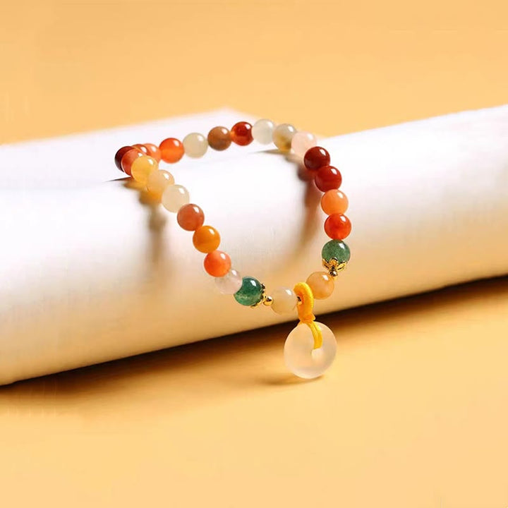 Bracciale Buddha Stones placcato oro 14K, giada di seta dorata colorata, fibbia della pace, ricchezza