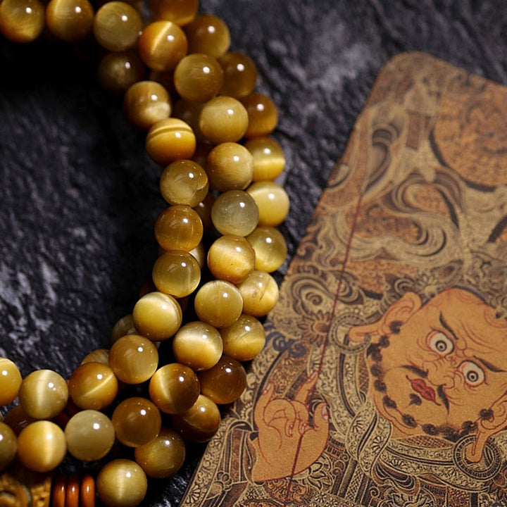 Buddha Stones 108 Mala Beads Natural Tiger Eye Rame Dorje Protezione Nappa Bracciale