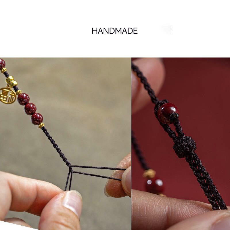 Braccialetto con corda intrecciata con Buddha Stones, perline di cinabro e carattere Fu
