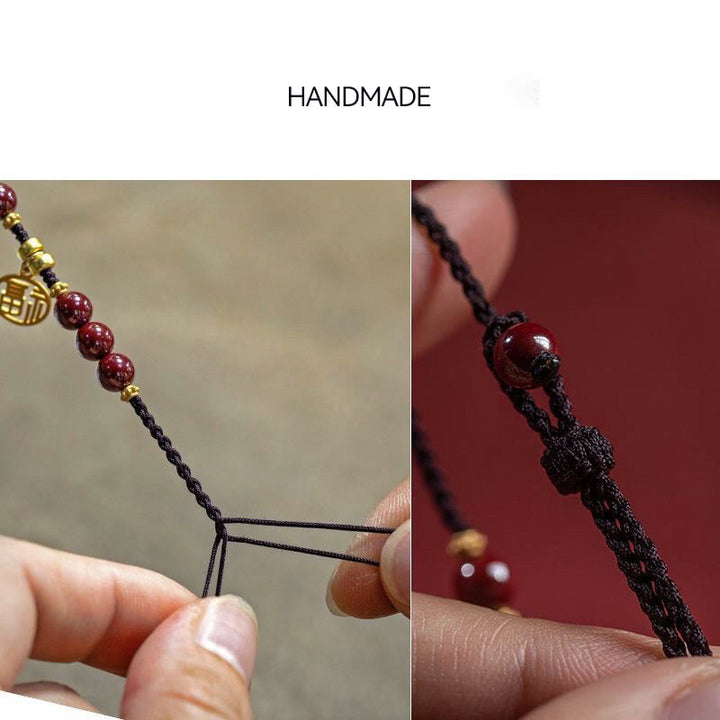 Braccialetto con corda intrecciata con Buddha Stones, perline di cinabro e carattere Fu