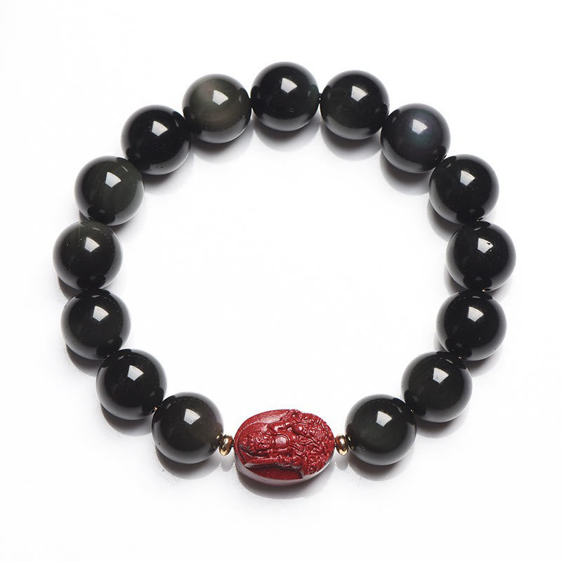 Buddha Stones Zodiaco cinese Buddha natale Ossidiana nera naturale Braccialetto di purificazione Cinabro