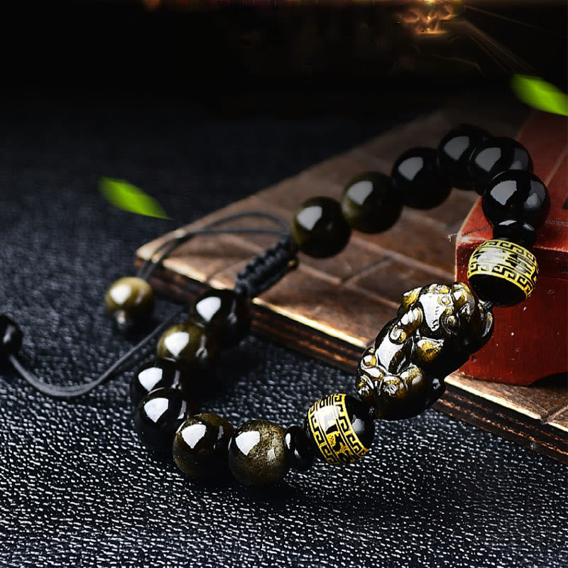 Bracciale intrecciato con Buddha Stones, lucentezza naturale dell'oro, ossidiana, PiXiu Om Mani Padme Hum, ricchezza