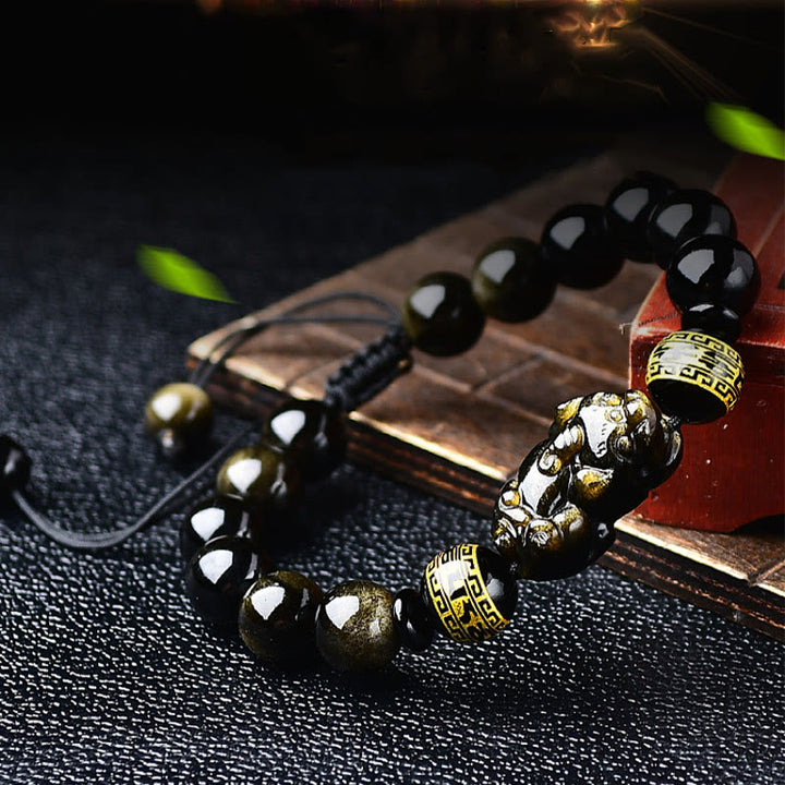 Bracciale intrecciato con Buddha Stones, lucentezza naturale dell'oro, ossidiana, PiXiu Om Mani Padme Hum, ricchezza