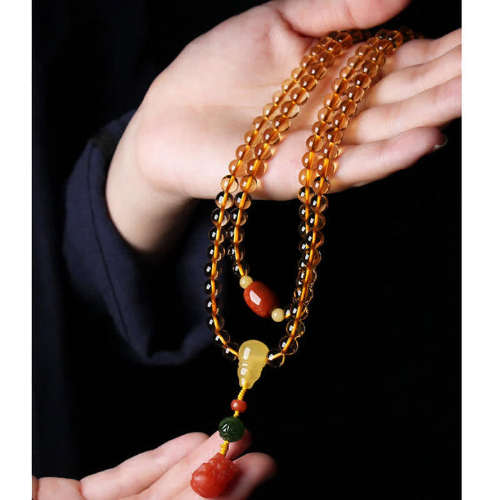 Braccialetto con ciondolo di protezione PiXiu, 108 perle di Mala, ambra citrino naturale, fibbia della pace, agata rossa - image 24
