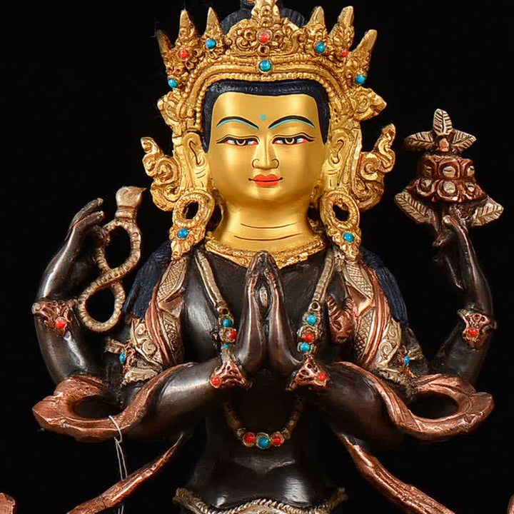 Statua di rame di protezione di Avalokitesvara a quattro braccia del Bodhisattva Chenrezig Decorazione