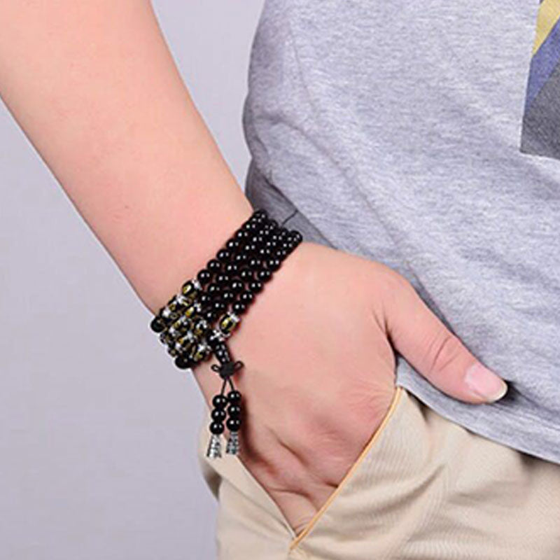 Bracciale Mala di protezione con sei vere parole in ossidiana nera Buddha Stones