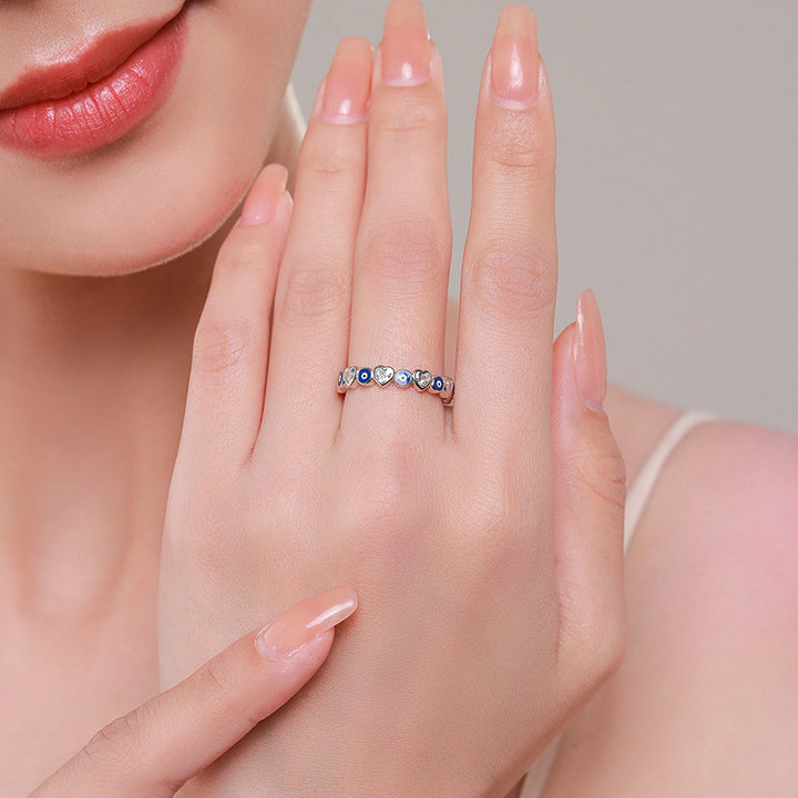 Anello di benedizione con zircone a forma di cuore con occhio malvagio in argento sterling 925 Buddha Stones
