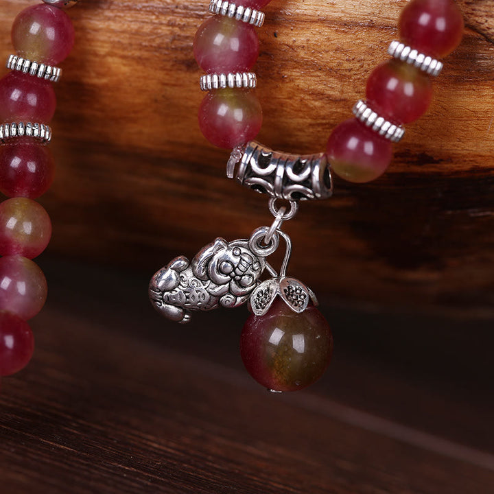 Braccialetto Buddha Stones Natural Watermelon Tormalina PiXiu Elephant Positive Triple Wrap