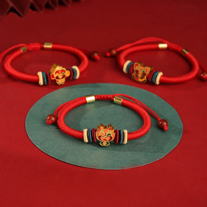 Braccialetto rosso intrecciato con ciondolo a forma di fortuna Buddha Stones in argento sterling 925 fatto a mano con motivo dell'anno del drago cinese