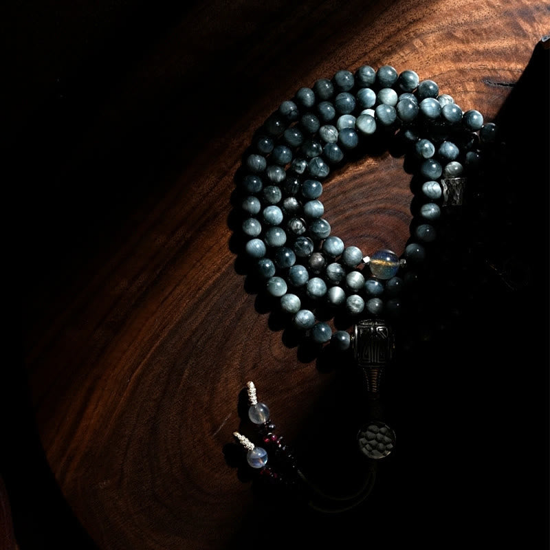 Buddha Stones Argento Sterling 925 108 Perline Mala Pietra Occhio d'Aquila Pietra di Luna Braccialetto Positivo